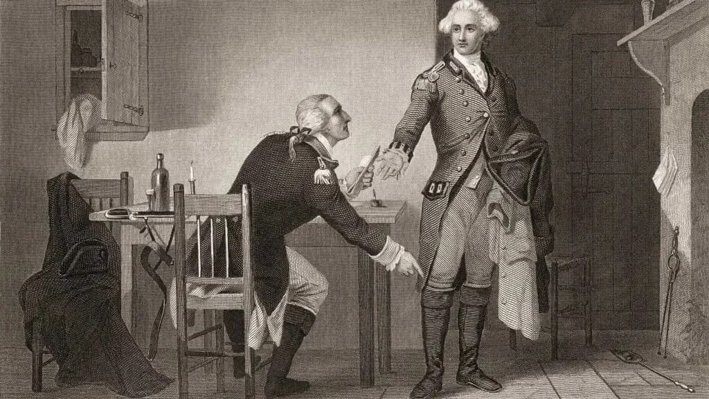 Бенедикт Арнольд сидит за столом и вручает документы британскому офицеру Джону Андре во время американской войны за независимость.