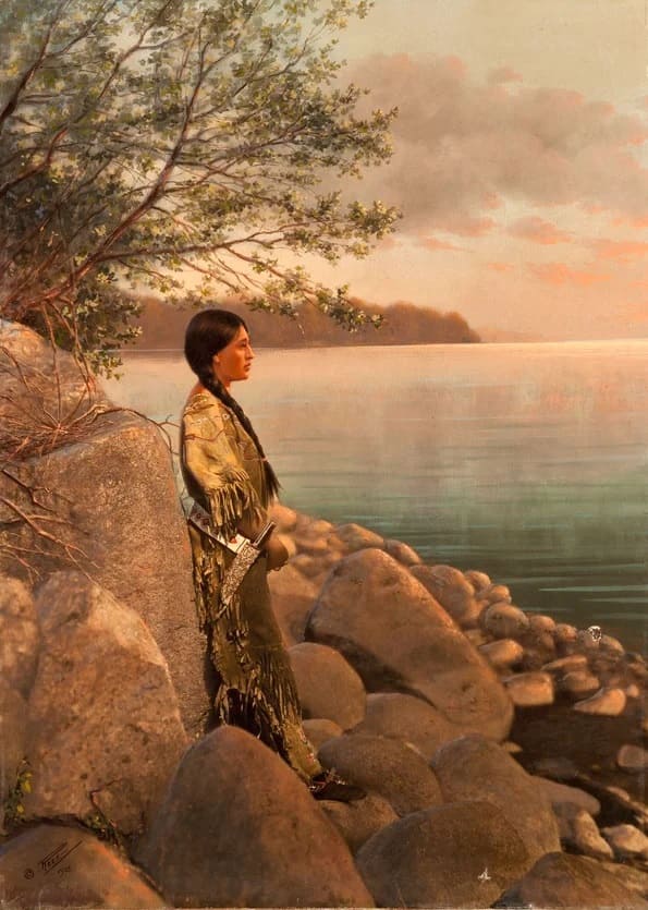 Ручная роспись. Молодая женщина на берегу реки, начало 1900-х, фотограф Роланд В. Рид