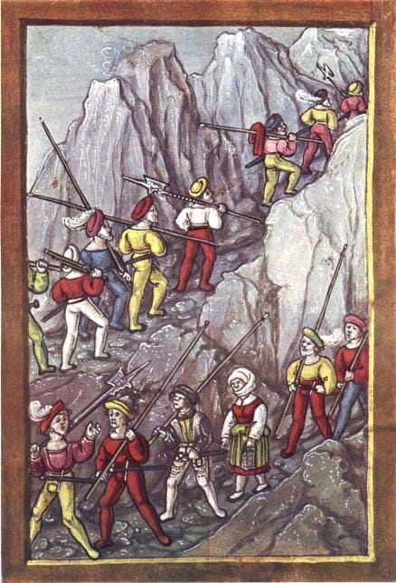 Швейцарские наемники переходят Альпы; иллюстрация из иллюминированной рукописи Люцернера Шиллинга (1513 г.).