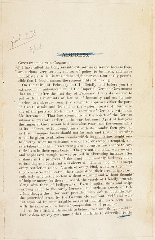 Обращение Вудро Вильсона к Конгрессу, ведущее к объявлению войны Германии (1917 г.)